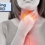 Title over woman with GERD holding her throat